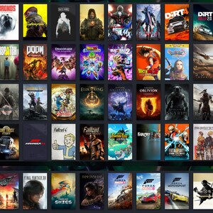 May include: A digital grid of forty-eight rectangular video game cover art posters arranged in six rows and eight columns. Each individual poster features unique graphic illustrations, character portraits, and titles for various gaming titles.