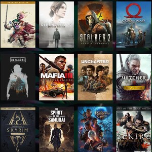 May include: A collection of twelve video game covers featuring titles such as Avowed, Silent Hill 2, Stalker 2, God of War, Days Gone, Mafia III, Uncharted, The Witcher, Skyrim, The Spirit of the Samurai, Baldur's Gate, and Sekiro.