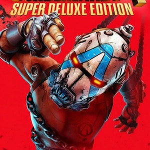 May include: A promotional poster for Borderlands 4 Super Deluxe Edition featuring a character with a metallic helmet with blue markings and glowing red eyes, wearing spiked gloves and chains against a vibrant red background with bold text.