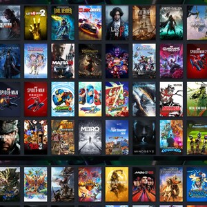 May include: A grid of video game cover art featuring various titles including The Last of Us, Left 4 Dead 2, Soul Reaver, Lego 2K Drive, Lies of P, Little Nightmares, Lords of the Fallen, Lost Skies, Mafia III, Marvel Rivals, Spider-Man, and Metal Gear Solid.