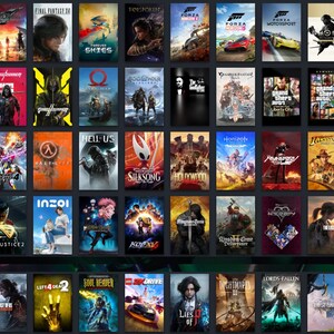 May include: A grid of forty video game cover art posters featuring various titles including Final Fantasy, Forza, God of War, Grand Theft Auto, Half-Life, Hollow Knight Silksong, Injustice 2, Kingdom Come, The Last of Us, and Lies of P.