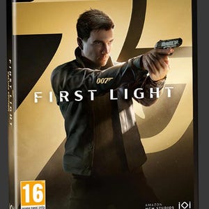 May include: PC game box for "First Light" Deluxe Edition. The cover features a man holding a gun, with the text "007 FIRST LIGHT" in large letters. The box has a rating of 16 and includes the Amazon MGM Studios logo.