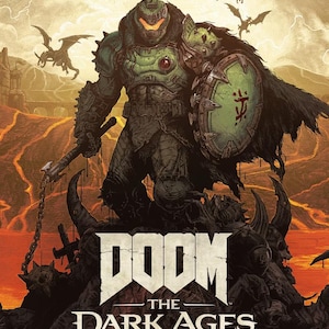 May include: A promotional image for "DOOM: The Dark Ages - Premium Edition" features a heavily armored warrior with a shield and weapon. The artwork is set against a fiery background with dragons. The game's title is prominently displayed.