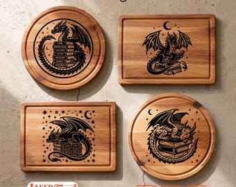4 Bookish Dragon SVG Laser Files, Fantasy Engraving Designs, Charcuterie Board Glowforge Xtool Lightburn