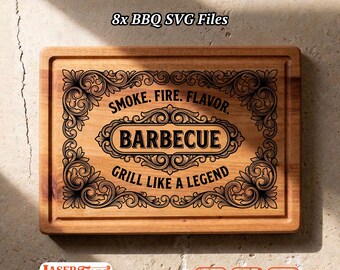 8 BBQ Ornate SVG Files, Barbecue Vintage Label Charcuterie Board Engraving, Glowforge Lightburn Xtool