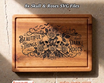 8 Halloween Skull Rose SVG Files, Gothic Charcuterie Board Engraving, Glowforge Lightburn Xtool CNC