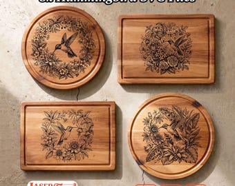 8 Hummingbird Floral SVG Laser Files, Charcuterie Board Engraving Designs, Glowforge Xtool Lightburn CNC