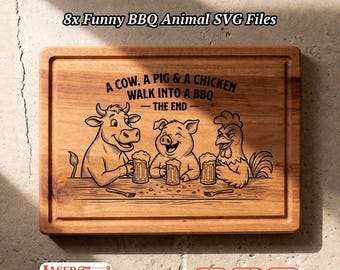 8 Funny BBQ Animal SVG Files, Cow Pig Chicken Charcuterie Board Engraving, Glowforge Lightburn