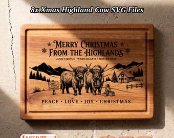 8 Highland Cow Christmas SVG Files, Holiday Engraving Bundle, Glowforge LightBurn xTool CNC Digital Designs