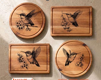 8 Hummingbird SVG Laser Files, Floral Bird Engraving Designs, Charcuterie Board Glowforge Xtool Lightburn