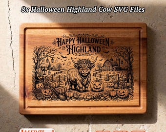 8 Halloween Highland Cow SVG Files, Spooky Charcuterie Board Engraving, Glowforge Lightburn Xtool CNC