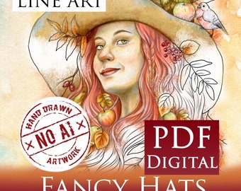 Fancy Hats, Line Art, Digital Coloring  Book, PDF, Printable, Instant download,  Art of Janna Prosvirina