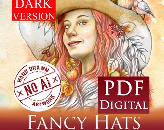 Fancy Hats, Grayscale Dark, Digital Coloring  Book, PDF, Printable, Instant download,  Art of Janna Prosvirina