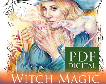 Digital Book, Witch Magic, Coloring, PDF, Printable, Instant download, Samhain, Halloween, Art of Janna Prosvirina