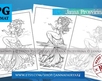 Kendall Mermaid Coloring Page, Printable, Instant download, Digital stamp, Line art, Grayscale  Art of Janna Prosvirina