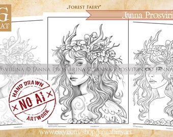 Forest Faery, Digital Stamp, Coloring Page, Line art, Grayscale, Printable page, Art of Janna Prosvirina