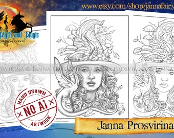 GRAYSCALE Coloring Page, Fairy Dragon,Digital Stamp, Witch, Halloween, Printable, Instant download, Samhain, Art of Janna Prosvirina