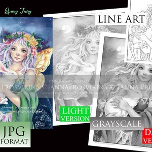 PRINTABLE,Grayscale, Coloring page, Instant download, Digi stamp, Spring Fairy, Art of Janna Prosvirina
