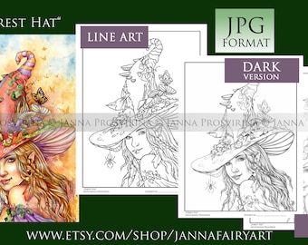 Forest Hat, Line art, GRAYSCALE Coloring Page, Digital Stamp, Witch, Halloween,  Art of Janna Prosvirina, Jannafairyart