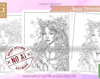 Forest Melody, Digital Stamp, Coloring Page, Fairy, Line art, Grayscale, Printable page, Art of Janna Prosvirina