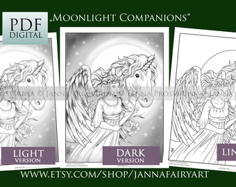 Moonlight Companions,  Digital Coloring Page, Grayscale, Line art, Instant download, Digi stamp, Art of Janna Prosvirina