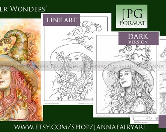 GRAYSCALE Coloring Page, Digital Stamp, Witch, Halloween, Printable, Instant download, Samhain, Art of Janna Prosvirina