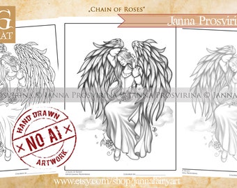 Chain of Roses, Christmas Coloring Page, Instant download, Digi stamp, Art of Janna Prosvirina