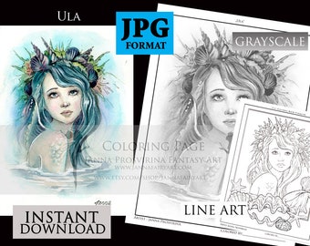 Grayscale Coloring Page, Mermaid, Digital Stamp, Printable, Instant download, Coloring book, Art of Janna Prosvirina