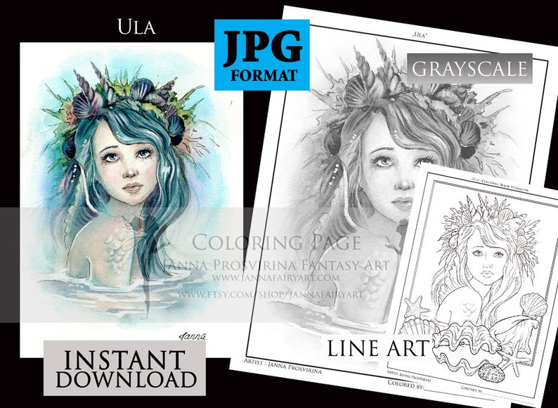 Grayscale Coloring Page, Mermaid, Digital Stamp, Printable, Instant download, Coloring book, Art of Janna Prosvirina image 1