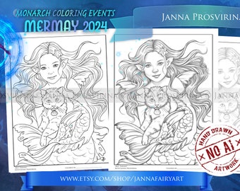 Best Friends Mermaid Coloring Page, Mermay 2024, Printable , Jannafairyart,  Art of Janna Prosvirina