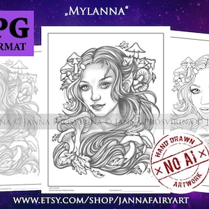 Mylanna, Coloring Page, Digital Stamp, Grayscale, Line art, Printable, Instant Download, Art of Janna Prosvirina, Jannafairyart