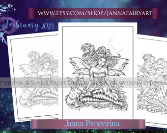 Faebruary 2023, Winged Sisters, Faery Digital Stamp, Printable page,  Digi stamp, Coloring page, Art of Janna Prosvirina