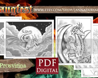 Smaugfest Event Digital Coloring Page, Instant download, Digi stamp, Art of Janna Prosvirina