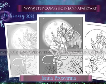 Faebruary 2023, Moonrise Watcher, Faery Digital Stamp, Printable page,  Digi stamp, Coloring page, Art of Janna Prosvirina