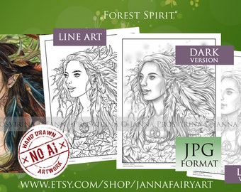 Forest Spirit, Coloring Page, Digital Stamp, Grayscale, Line art, Printable, Instant Download, Art of Janna Prosvirina, Jannafairyart