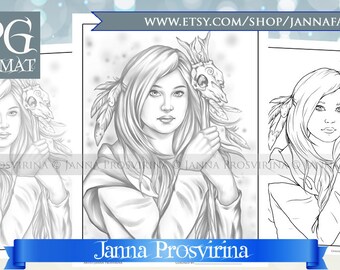 Old Ways, Coloring Page, Grayscale, Line art, Witch, Digital Stamp, Printable page, Coloring page, Art of Janna Prosvirina, Jannafairyart