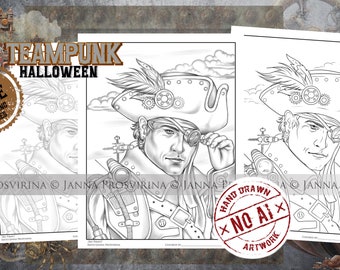 Steampunk Sky Pirate, Digital Grayscale Line Art Coloring Page, Instant download,  Art of Janna Prosvirina