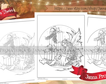 Christmas Fairy, Christmas Coloring Page, Instant download, Digi stamp, Art of Janna Prosvirina