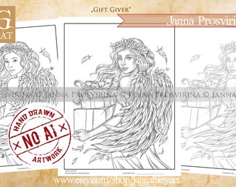 Gift Giver, Christmas Coloring Page, Instant download, Digi stamp, Art of Janna Prosvirina