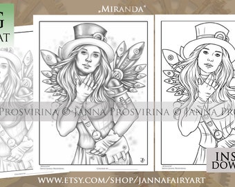 Steampunk Digital Grayscale Line Art Coloring Page, Printable, Instant download,  Art of Janna Prosvirina