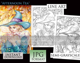 Semi-GRAYSCALE Coloring Page, Digital Stamp, Witch, Halloween, Printable, Instant download, Samhain, Art of Janna Prosvirina