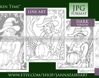 GRAYSCALE Coloring Page, Digital Stamp, Witch, Halloween, Printable, Instant download, Samhain, Art of Janna Prosvirina