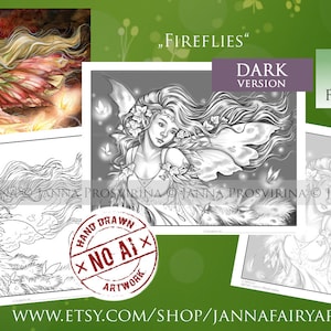 Fireflies, Coloring Page, Digital Stamp, Grayscale, Line art, Printable, Instant Download, Art of Janna Prosvirina, Jannafairyart