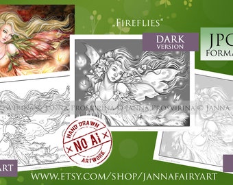 Fireflies, Coloring Page, Digital Stamp, Grayscale, Line art, Printable, Instant Download, Art of Janna Prosvirina, Jannafairyart