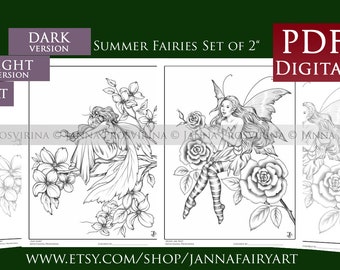 Summer Fairies Digital Coloring Page, Instant download, Digi stamp, Art of Janna Prosvirina
