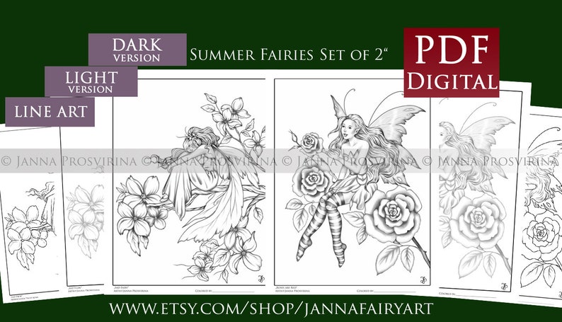 Summer Fairies Digital Coloring Page, Instant download, Digi stamp, Art of Janna Prosvirina image 1