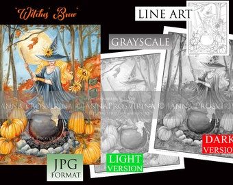 Grayscale Dibujo para colorear, Sello Digital, Bruja, Halloween, Imprimible, Descarga instantánea, Samhain, Arte de Janna Prosvirina