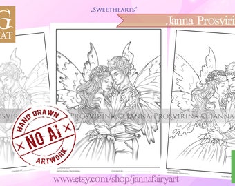 Sweethearts, Digital Stamp, Coloring Page, Fairy, Line art, Grayscale, Printable page, Art of Janna Prosvirina
