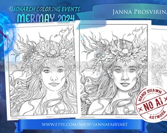 Sea Jewel  Mermaid Coloring Page, Mermay 2024, Printable , Jannafairyart,  Art of Janna Prosvirina