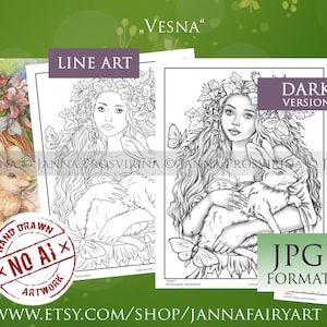 Vesna, Coloring Page, Digital Stamp, Grayscale, Line art, Printable, Instant Download, Art of Janna Prosvirina, Jannafairyart